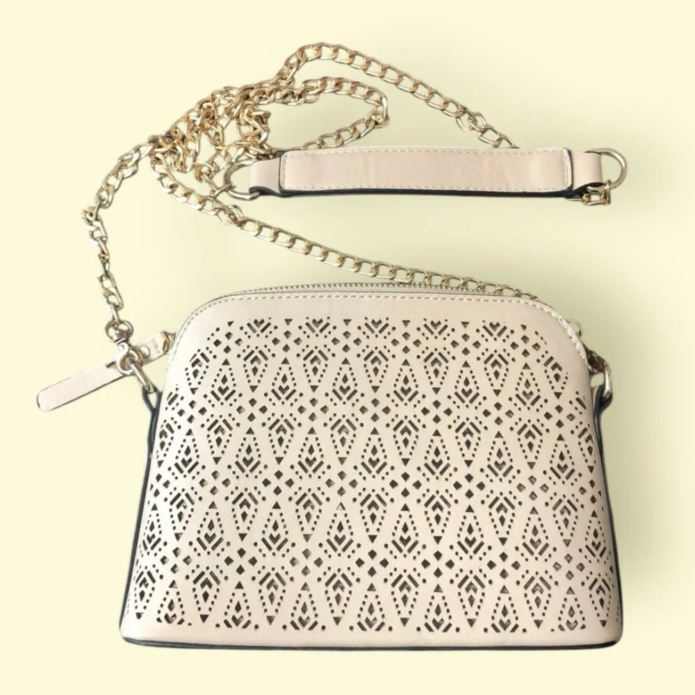 Francesca’s Collection Tan Cream Faux Leather Crossbody Purse w/50” Strap EUC